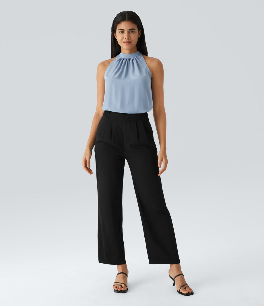 Keyhole Back Halter Sleeveless Curved Hem Work Blouse - Skyride