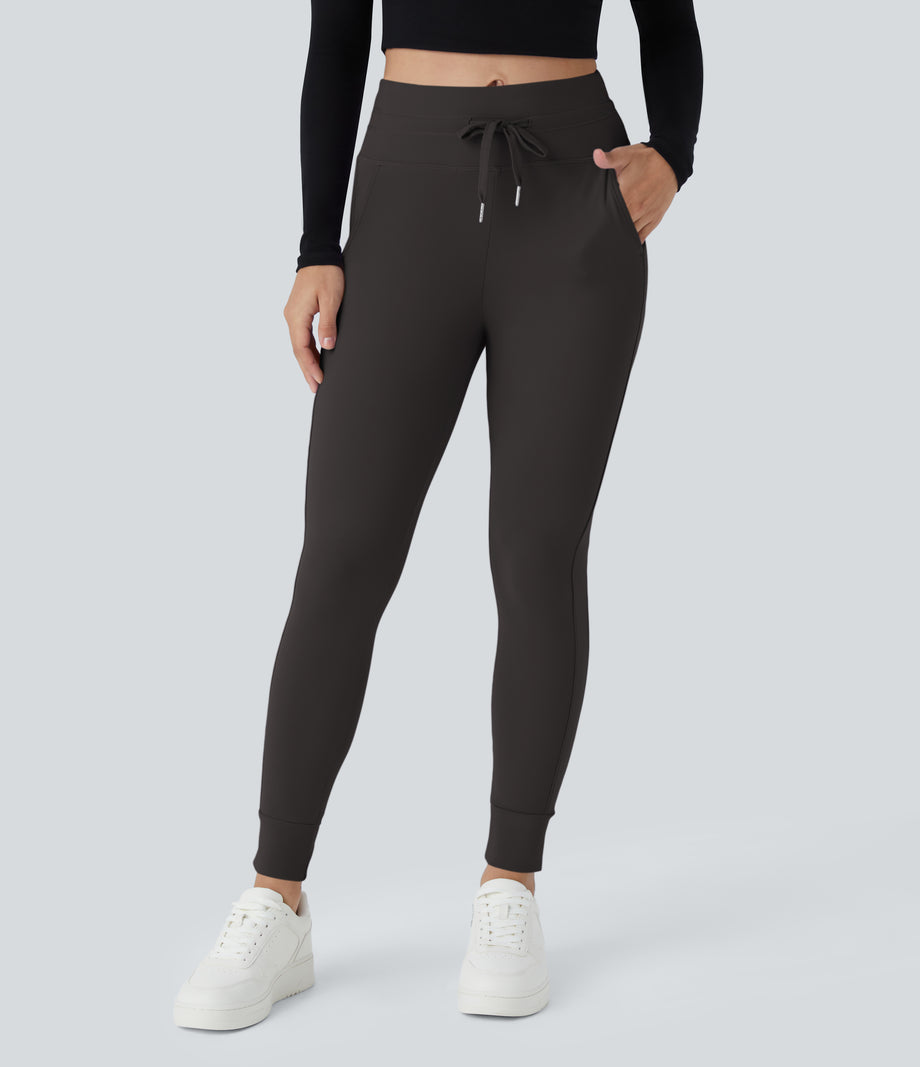 SoftlyZero™ Plush High Waisted Drawstring Pocket Plain Full Length Joggers - Chocolate Torte