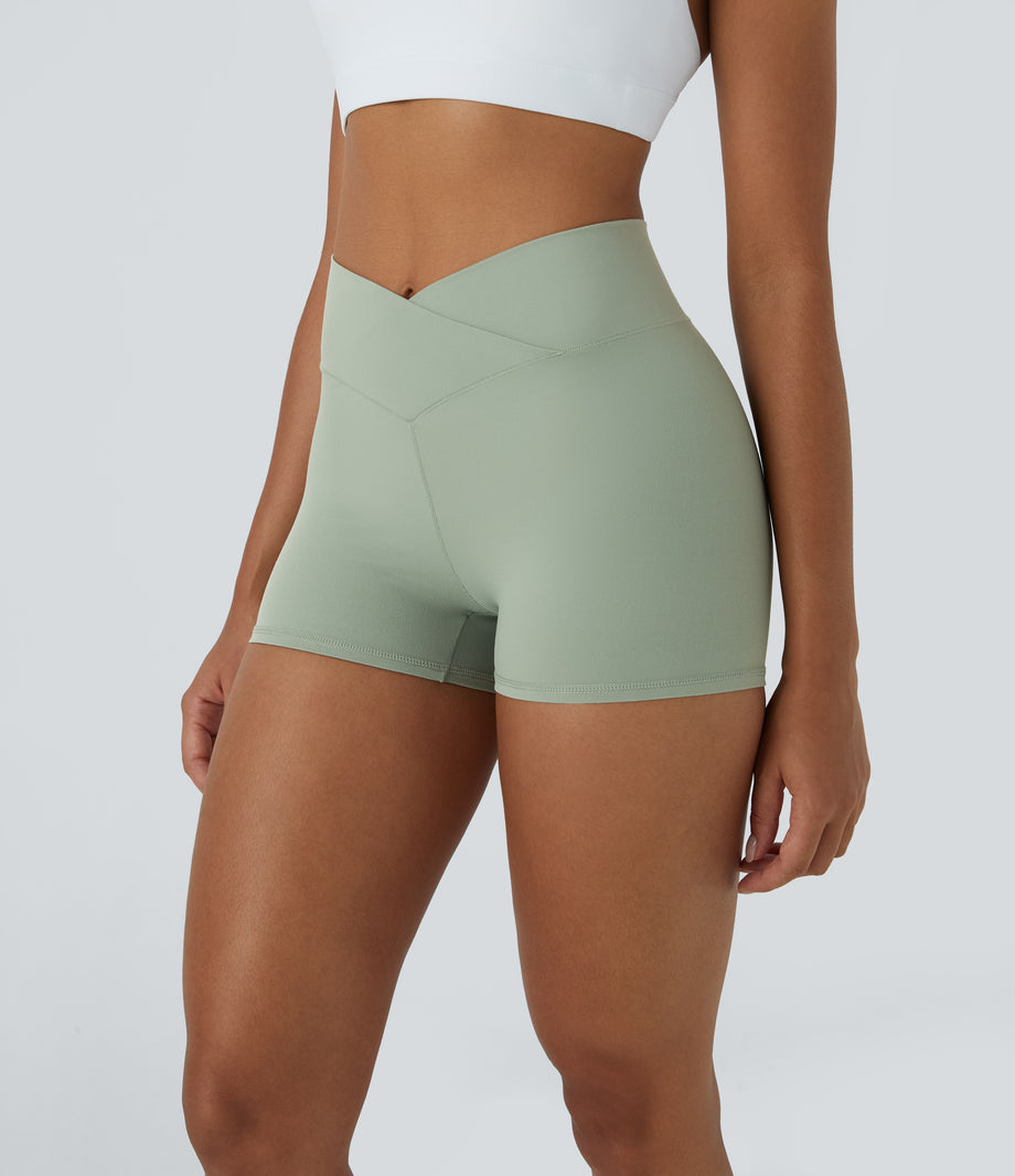 SoftlyZero™ High Waisted Crossover Plain Yoga Biker Shorts 3''-UPF50+ - Asparagus
