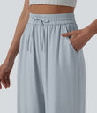 High Waisted Drawstring Wide Leg Casual Linen-Blend Pants with Pockets - Baby Blue