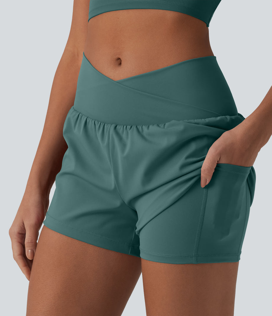 SoftlyZero™ Airy Crossover High Waisted 2-in-1 Cool Touch Yoga Shorts 3'' with Pockets - Blue Spruce