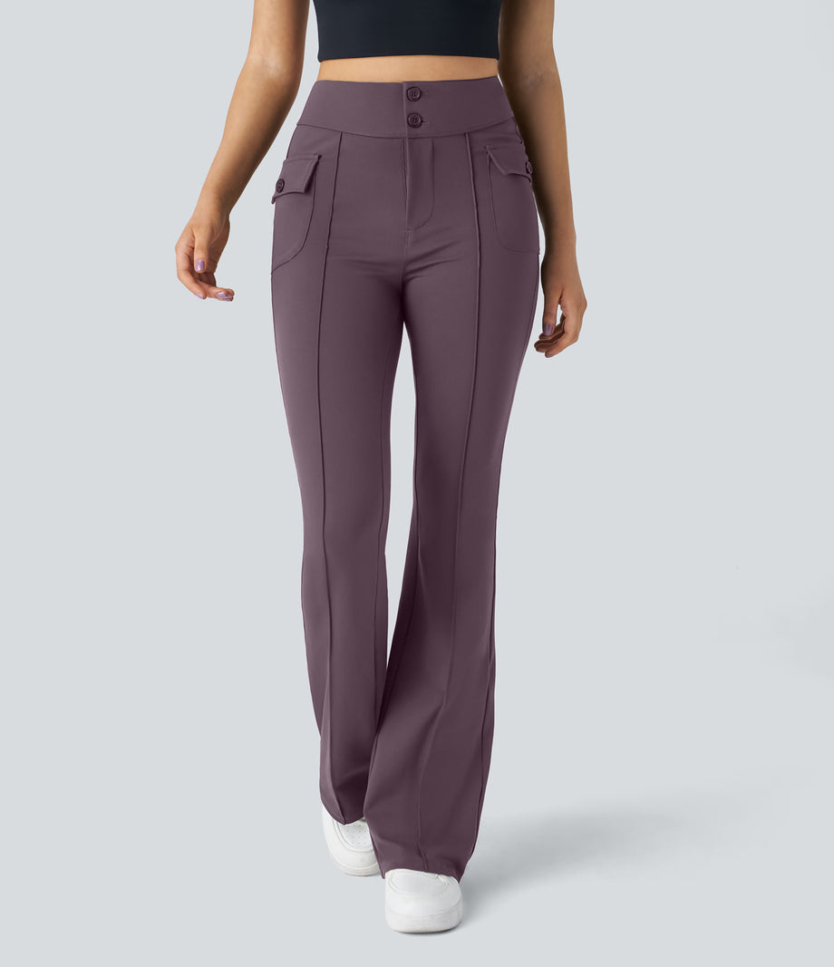 High Waisted Side Flap Pocket Flare Casual Cargo Pants - Dusky Evening purple