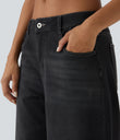Halara Flex™ Low Rise Zipper Pockets Washed Baggy Wide Leg Casual Jeans - Deep Ink Black Denim