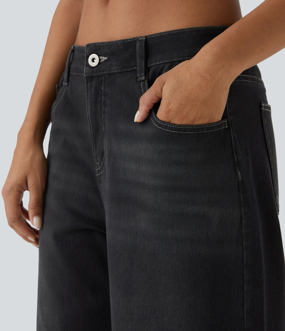 Halara Flex™ Low Rise Zipper Pockets Washed Baggy Wide Leg Casual Jeans - Deep Ink Black Denim