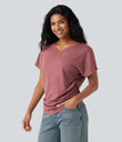 V-neck Short Sleeve Ruched Relaxed Casual Top - Brick Red Mix