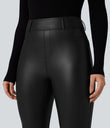 High Waisted Stretchy PU Fleece Casual Leggings with Pockets - Black