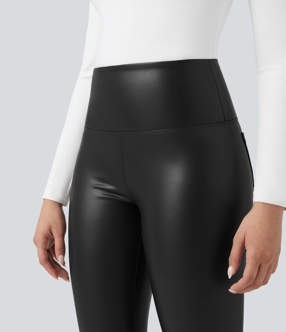 High Waisted Tummy Control Stretchy PU Fleece 7/8 Skinny Casual Leggings with Pockets - Black