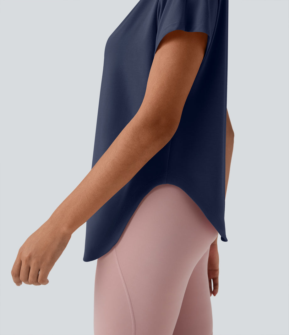 One Shoulder Short Sleeve Curved Hem High Low Quick Dry Yoga Sports Top - Mood Indigo