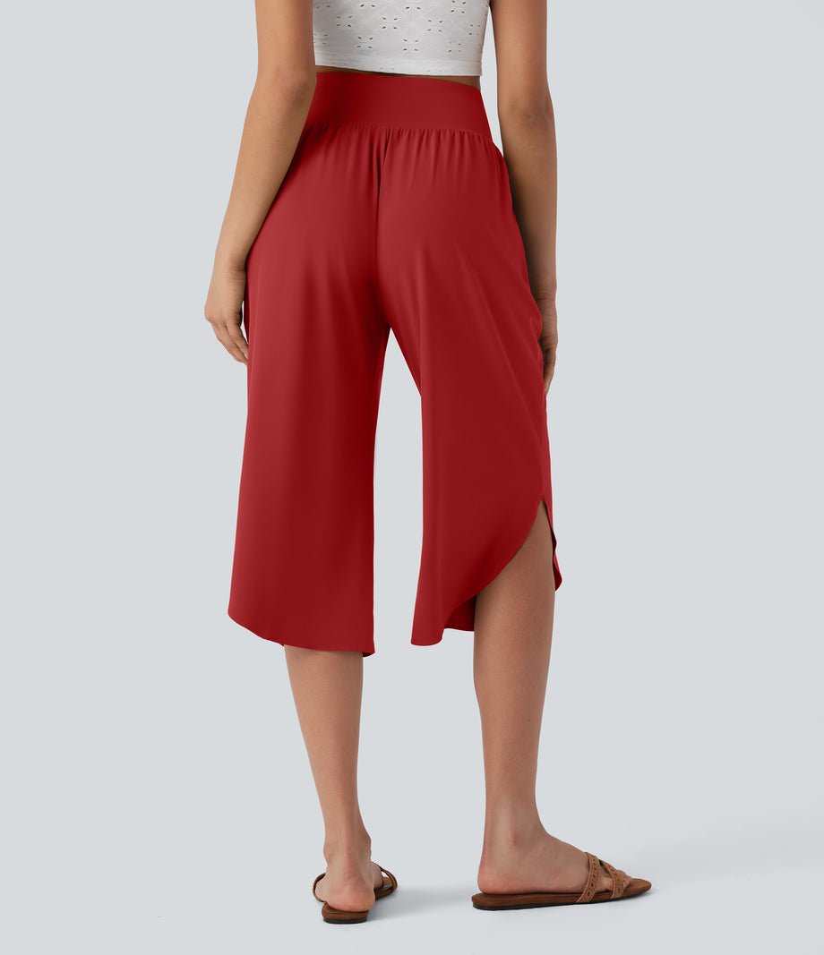 Breezeful™ High Waisted Tummy Control Hem Quick Dry Capri Pants with Pockets - Pompeian Red