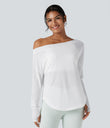 One Shoulder Long Sleeve Thumb Hole Curved Hem High Low Quick Dry Yoga Sports Top-Built-in Bra - White