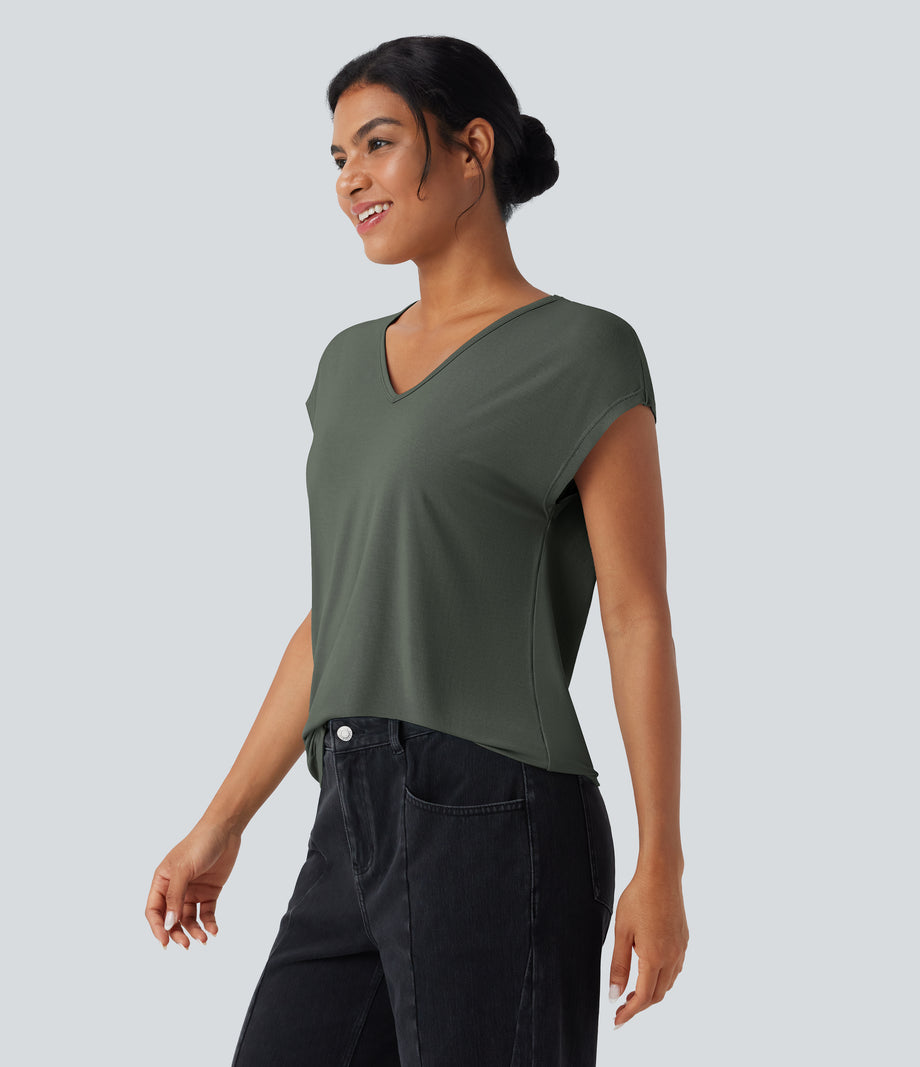 V Neck Short Sleeve Casual T-Shirt - Lone Pine Green
