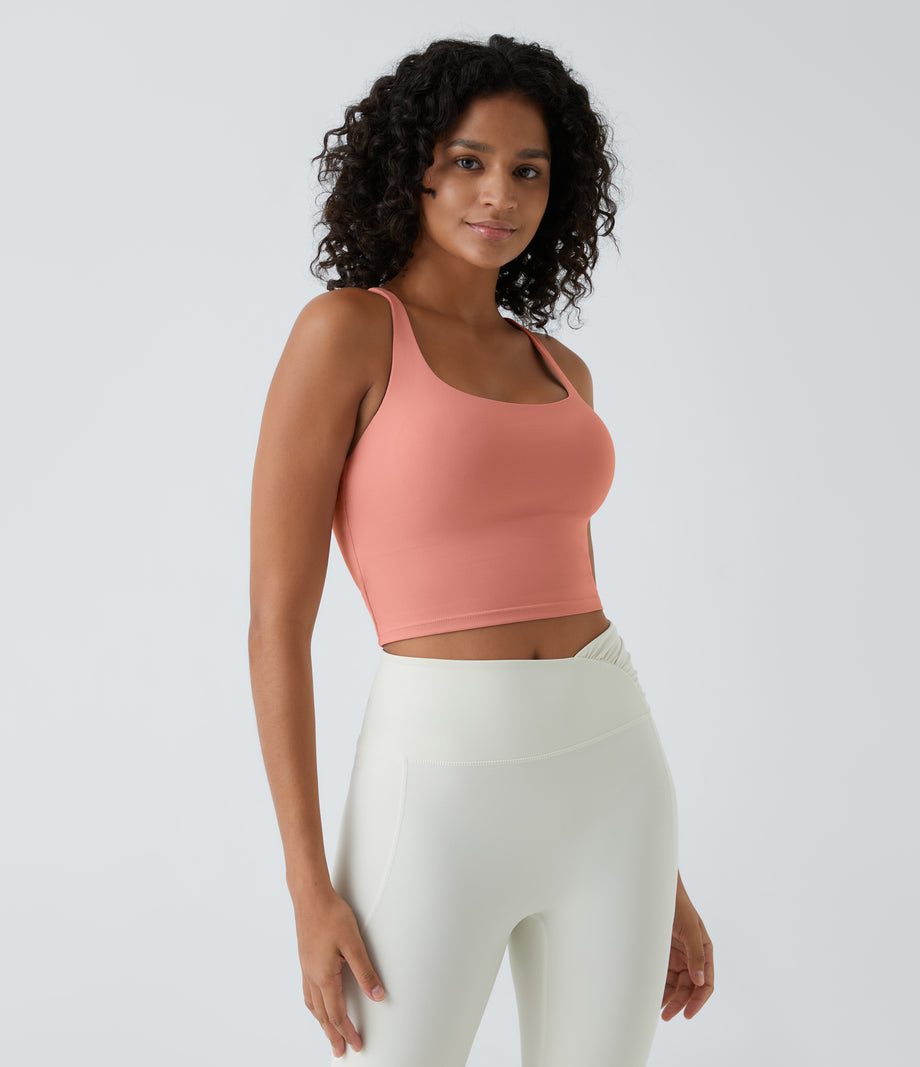 Crisscross Backless Built-in Bra Cropped Running Tank Top A-D Cups - Blooming Dahlia