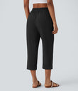 High Waisted Zipper Pocket Cropped Linen-Feel Pants - Black