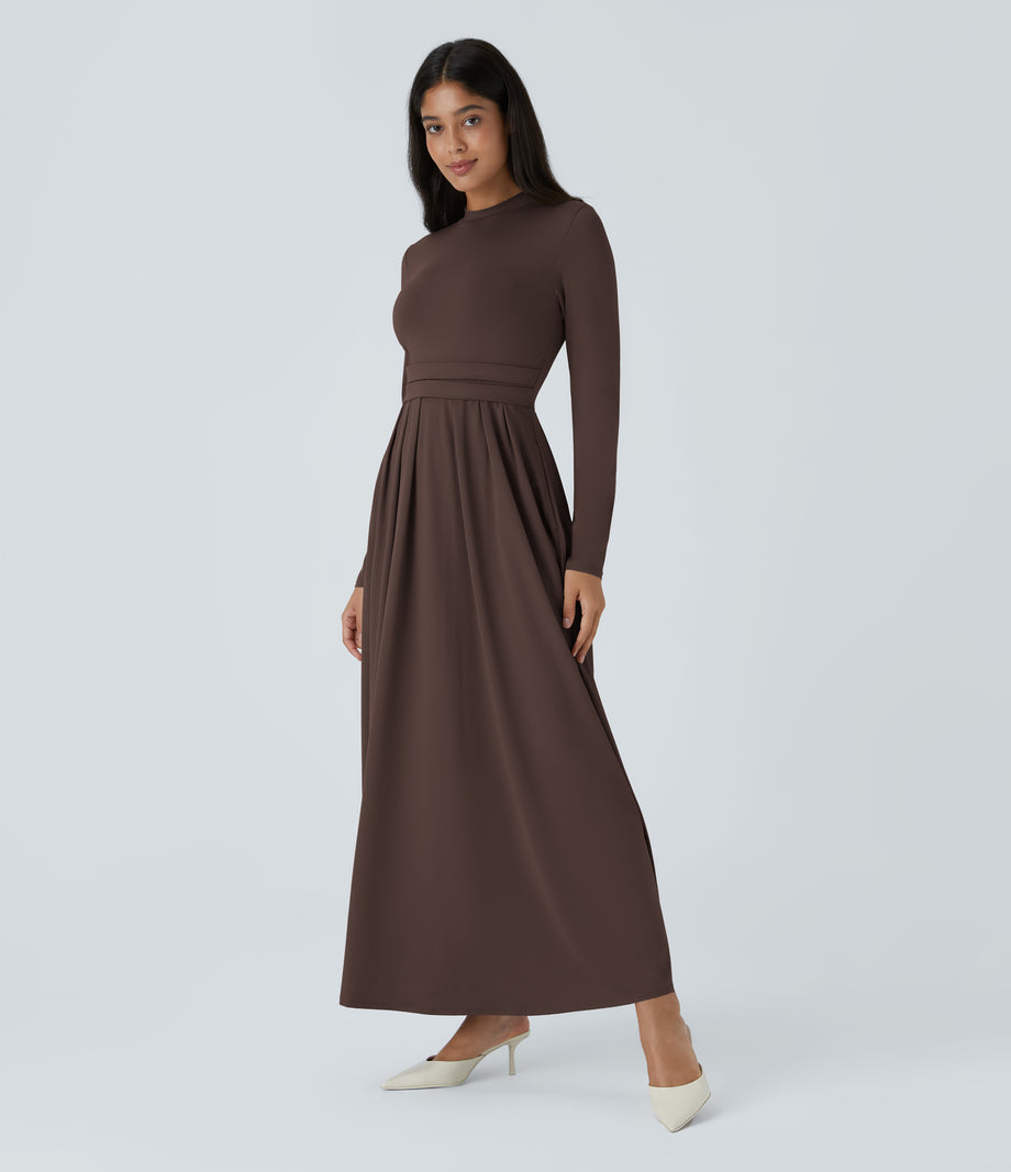 Mock-neck Long Sleeve Pocket Flare Maxi Casual Dress - Chestnut