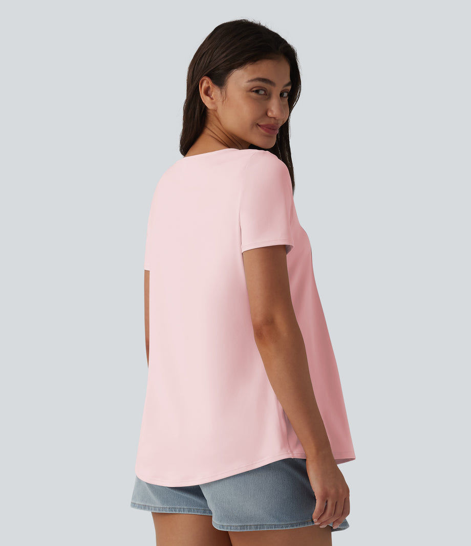 Square Neck Short Sleeve Casual Top - Primrose Pink