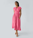 Breezeful™ V Neck Short Sleeve Pocket Tie Back Quick Dry Midi Casual Dress-Longer Length - Pink Lemonade