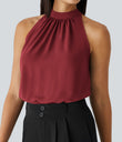 Keyhole Back Halter Sleeveless Curved Hem Work Blouse - Plum Bossom Red