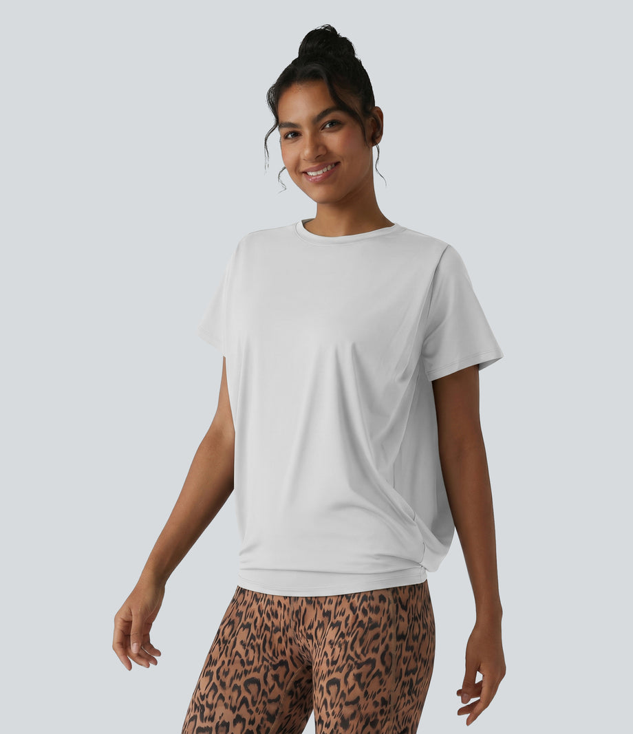 Round Neck Short Sleeve Ruched Cool Touch Yoga Sports Top-UPF50+ - Nimbus Cloud