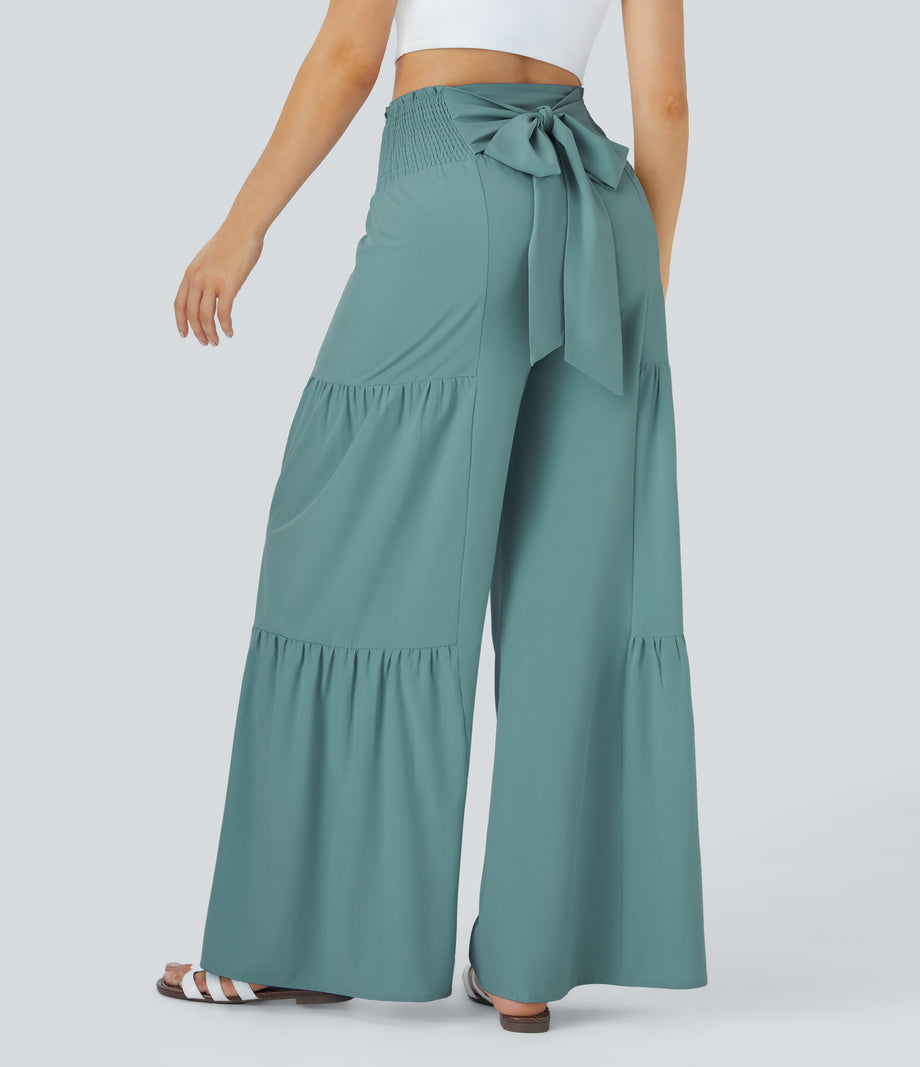 Breezeful™ High Waisted Shirred Tie Front & Back Wide Leg Flowy Quick Dry Casual Pants - Mineral Blue