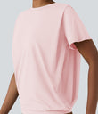 Round Neck Short Sleeve Ruched Cool Touch Yoga Sports Top-UPF50+ - Primrose Pink