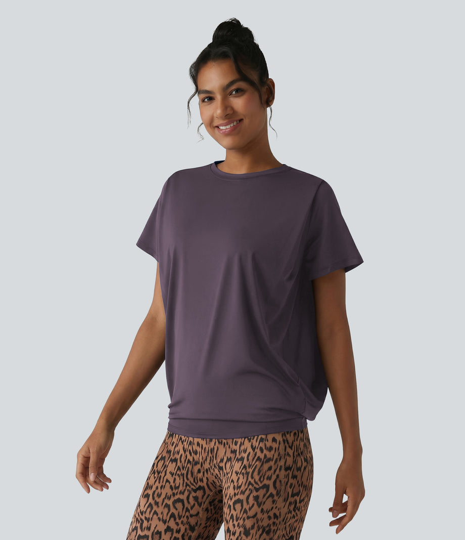 Round Neck Short Sleeve Ruched Cool Touch Yoga Sports Top-UPF50+ - Vintage Violet