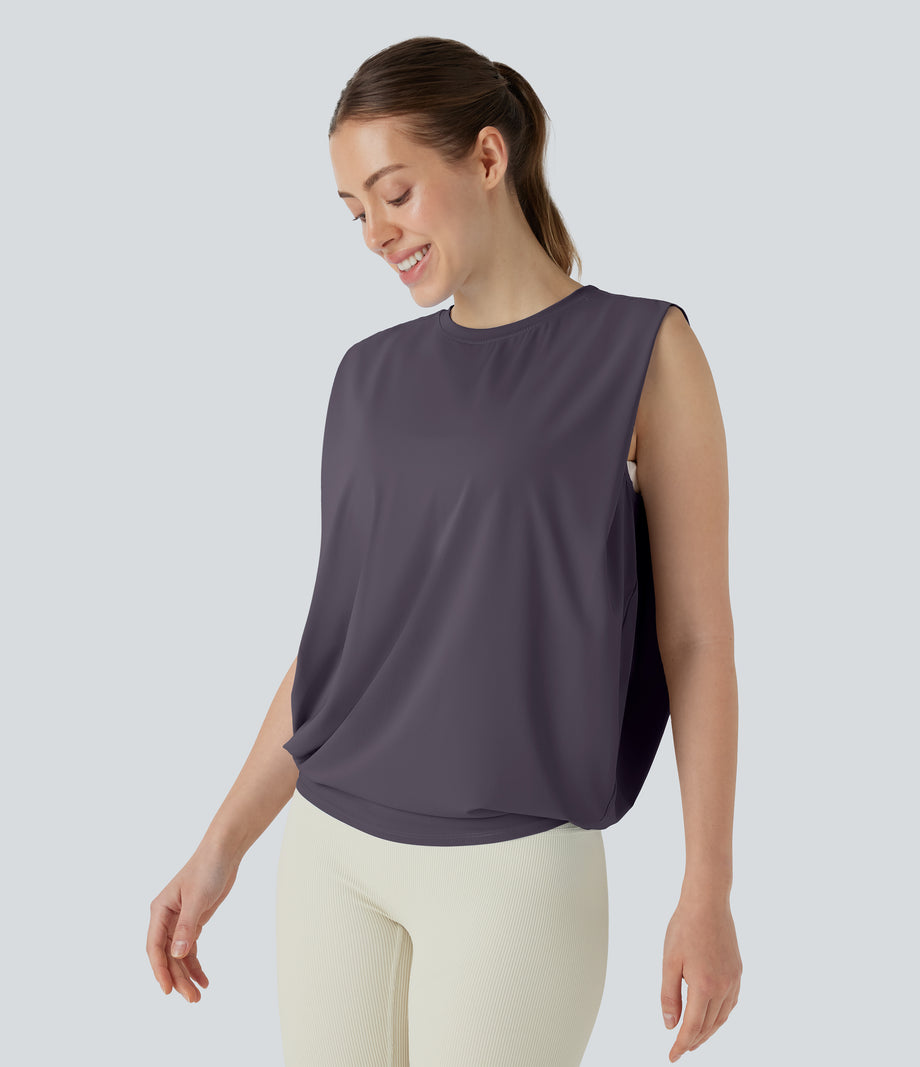 Round Neck Ruched Cool Touch Yoga Tank Top-UPF50+ - Vintage Violet