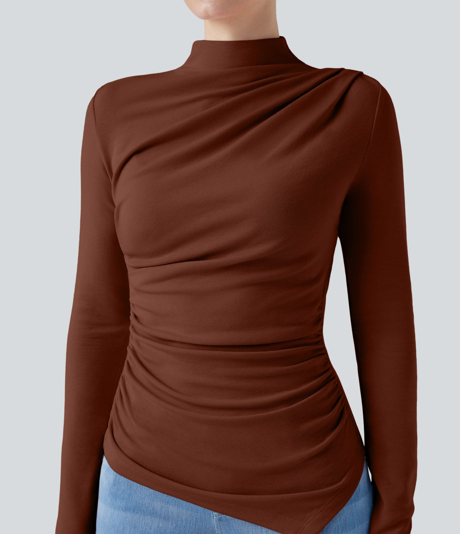 Mock-neck Long Sleeve Ruched Asymmetric Hem Thermal Casual Top - Smoked Paprika