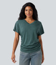 V-neck Short Sleeve Ruched Relaxed Casual Top - Jade Green Floral Yarn
