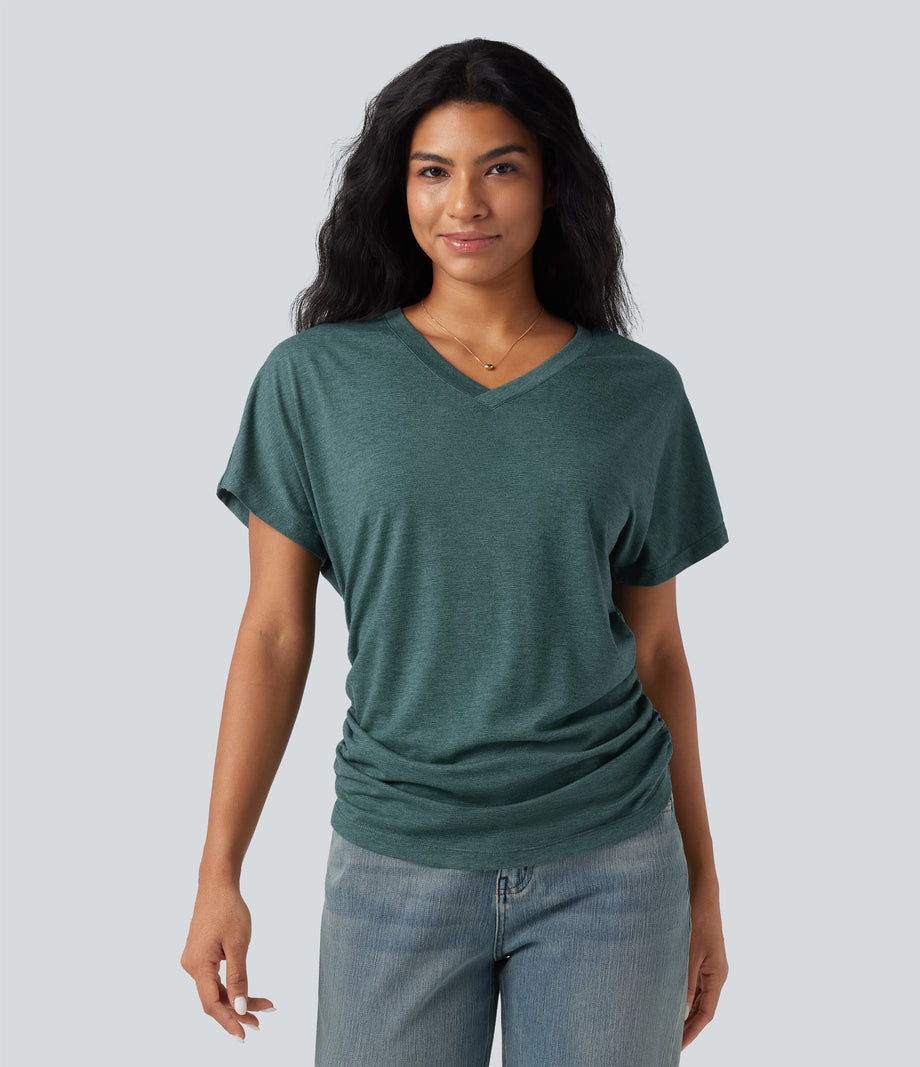 V-neck Short Sleeve Ruched Relaxed Casual Top - Jade Green Floral Yarn