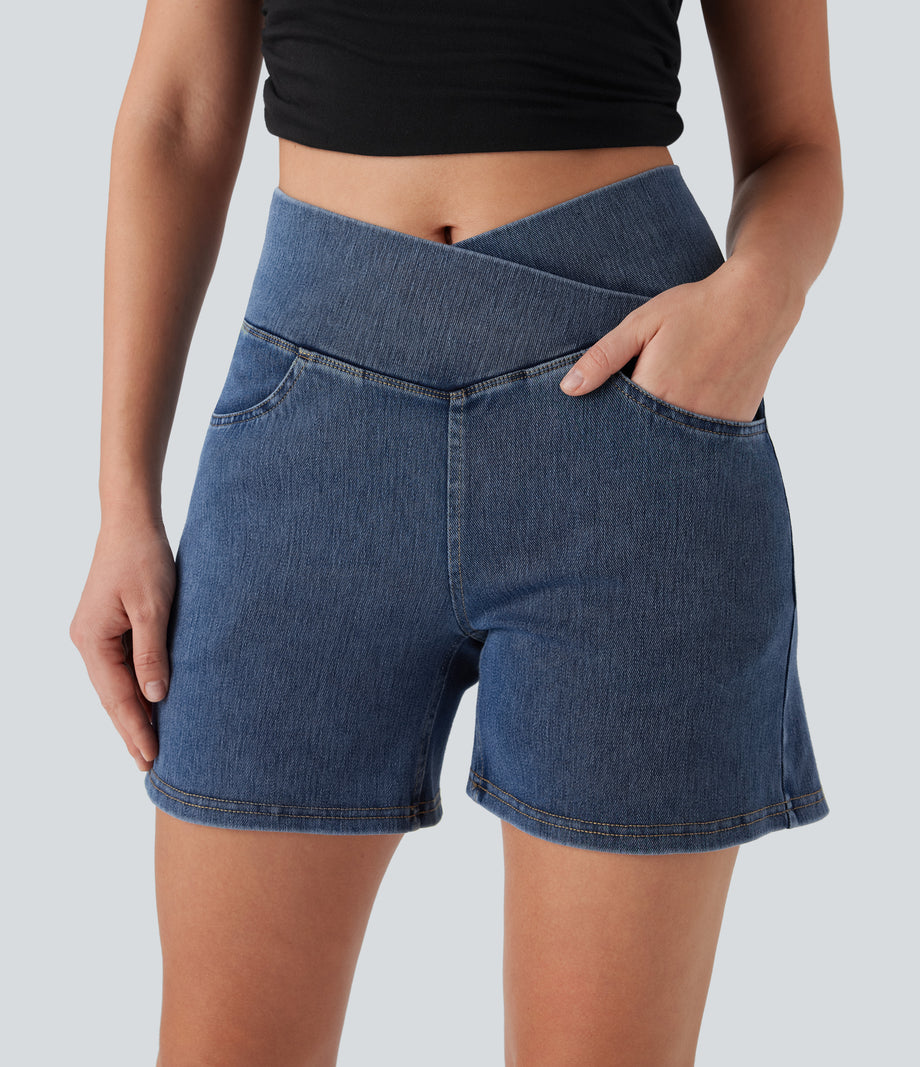 Halara Flex™ Crossover High Waisted Pockets Wide Leg A Line Washed Denim Casual Shorts - Tide Blue Denim