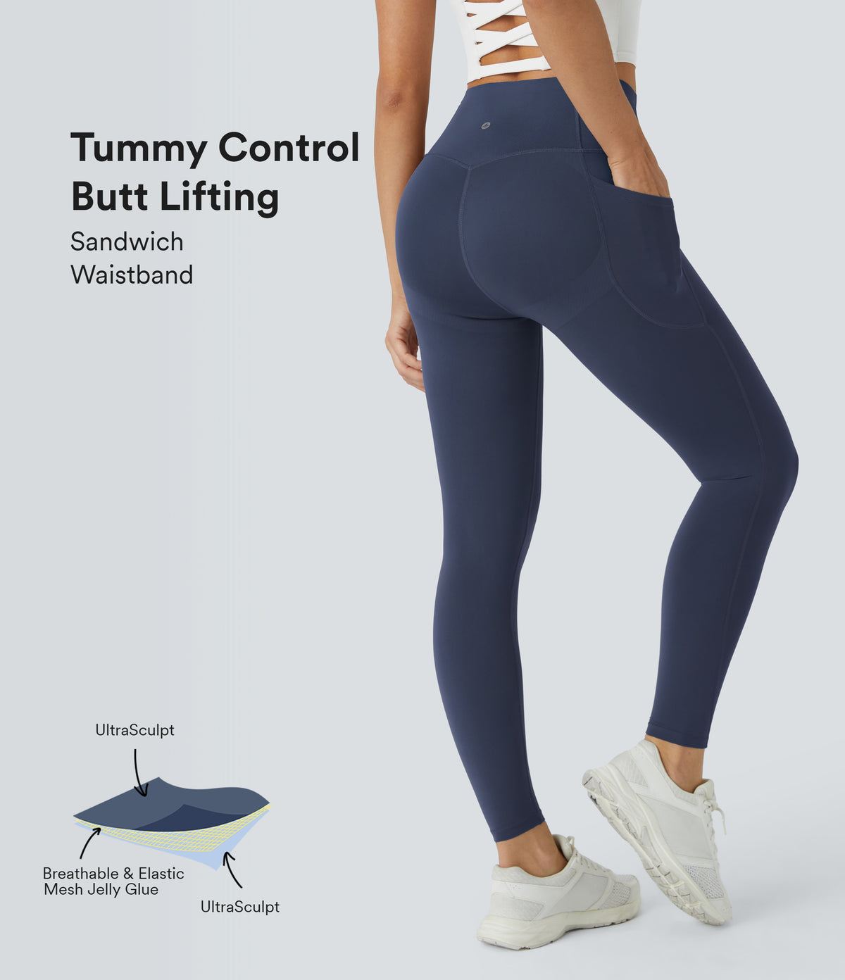 Halara UltraSculpt™ High Waisted Butt Lifting Tummy Control Pocket Shaping Workout Leggings - Mood Indigo