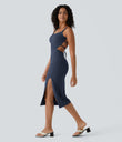 Ruched Lace Up Bodycon Midi Casual Dress - Mood Indigo
