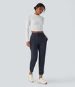 Mid Rise Drawstring Curved Hem Quick Dry Golf Tapered Pants with Pockets-UPF40+ - Dark Blue