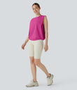 Round Neck Ruched Cool Touch Yoga Tank Top-UPF50+ - Fuchsia Fedora