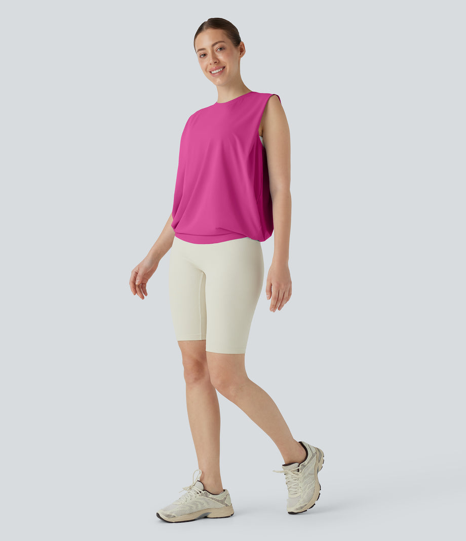 Round Neck Ruched Cool Touch Yoga Tank Top-UPF50+ - Fuchsia Fedora
