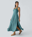 U Neck Flowy Maxi Casual Tank Dress - Stone Green Floral Yarn