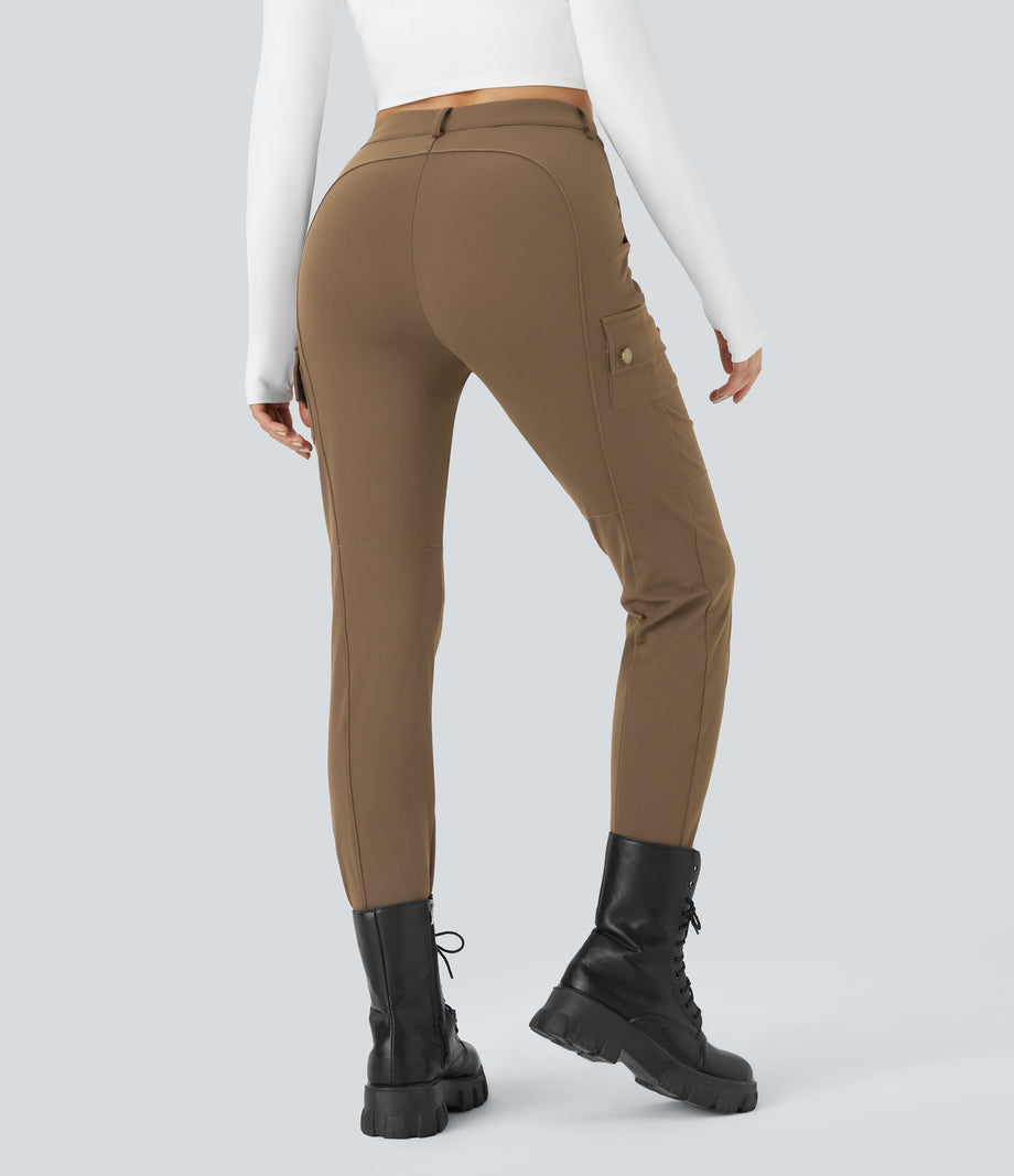 DayStretch High Waisted Zipper Pockets Solid Skinny Cargo Pants - Sepia