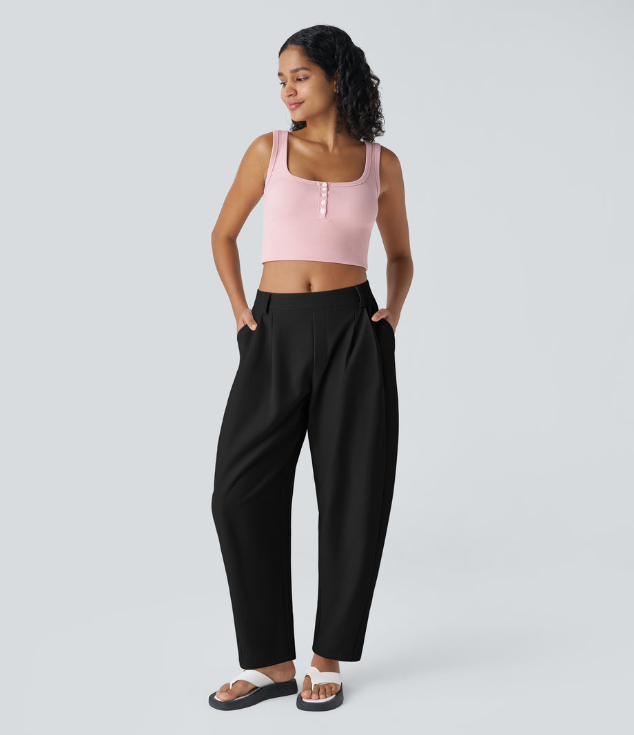 Mid Rise Pocket Barrel Leg Baggy Work Pants - Black