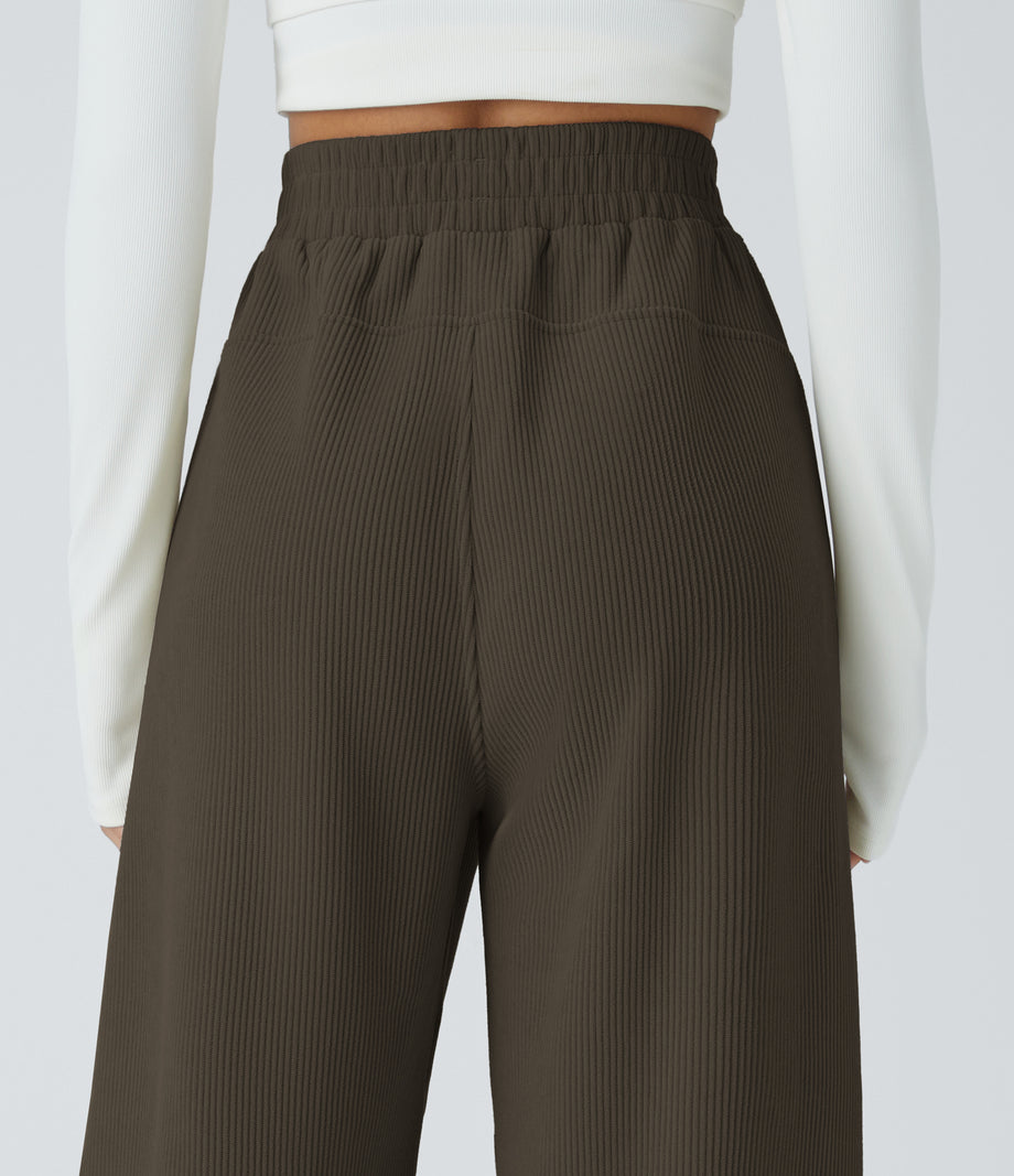 High Waisted Pocket Straight Leg Baggy Mop Corduroy Casual Pants - Hemp Rope Brown