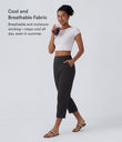 High Waisted Zipper Pocket Cropped Linen-Feel Pants - Black