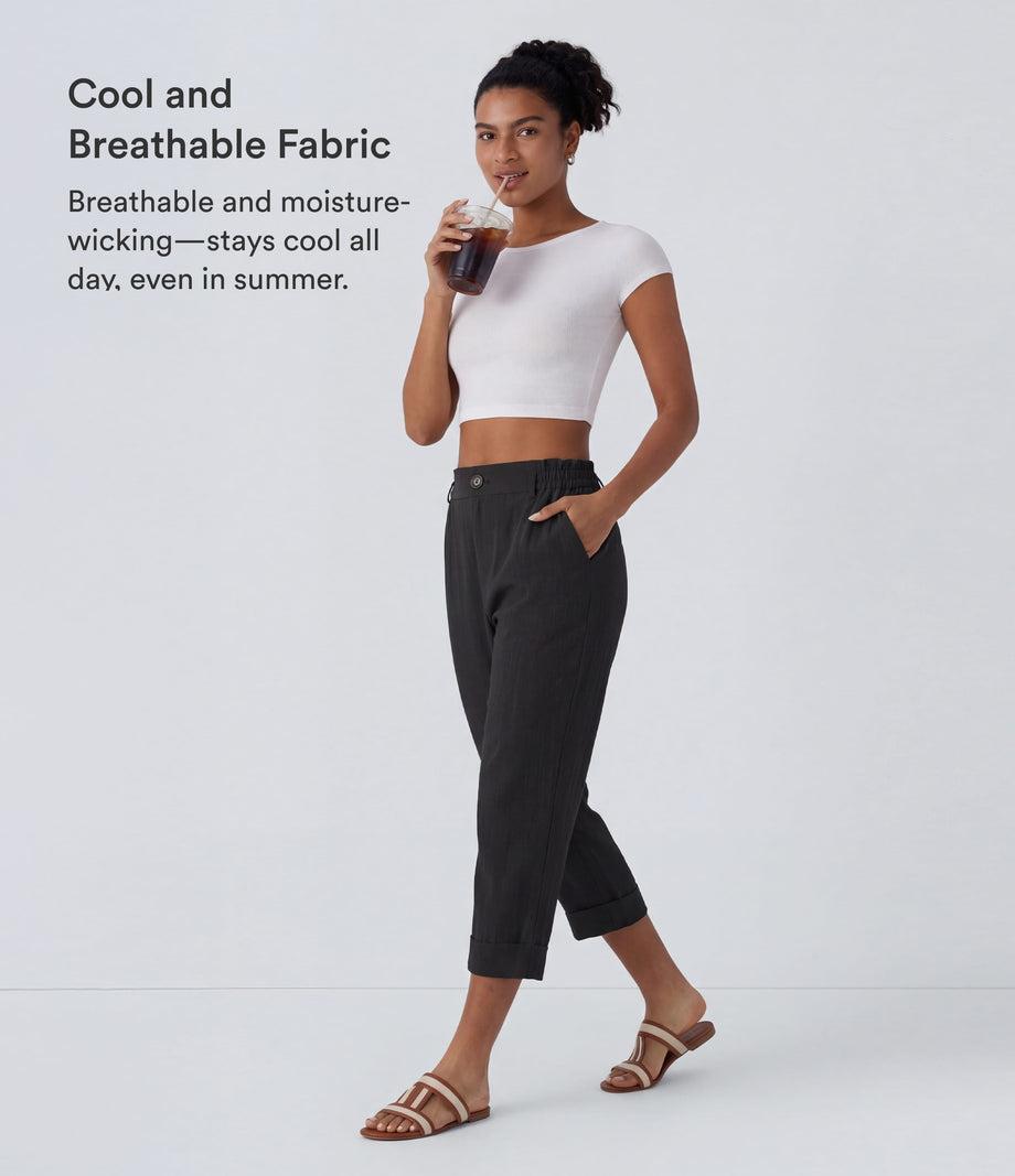 High Waisted Zipper Pocket Cropped Linen-Feel Pants - Black
