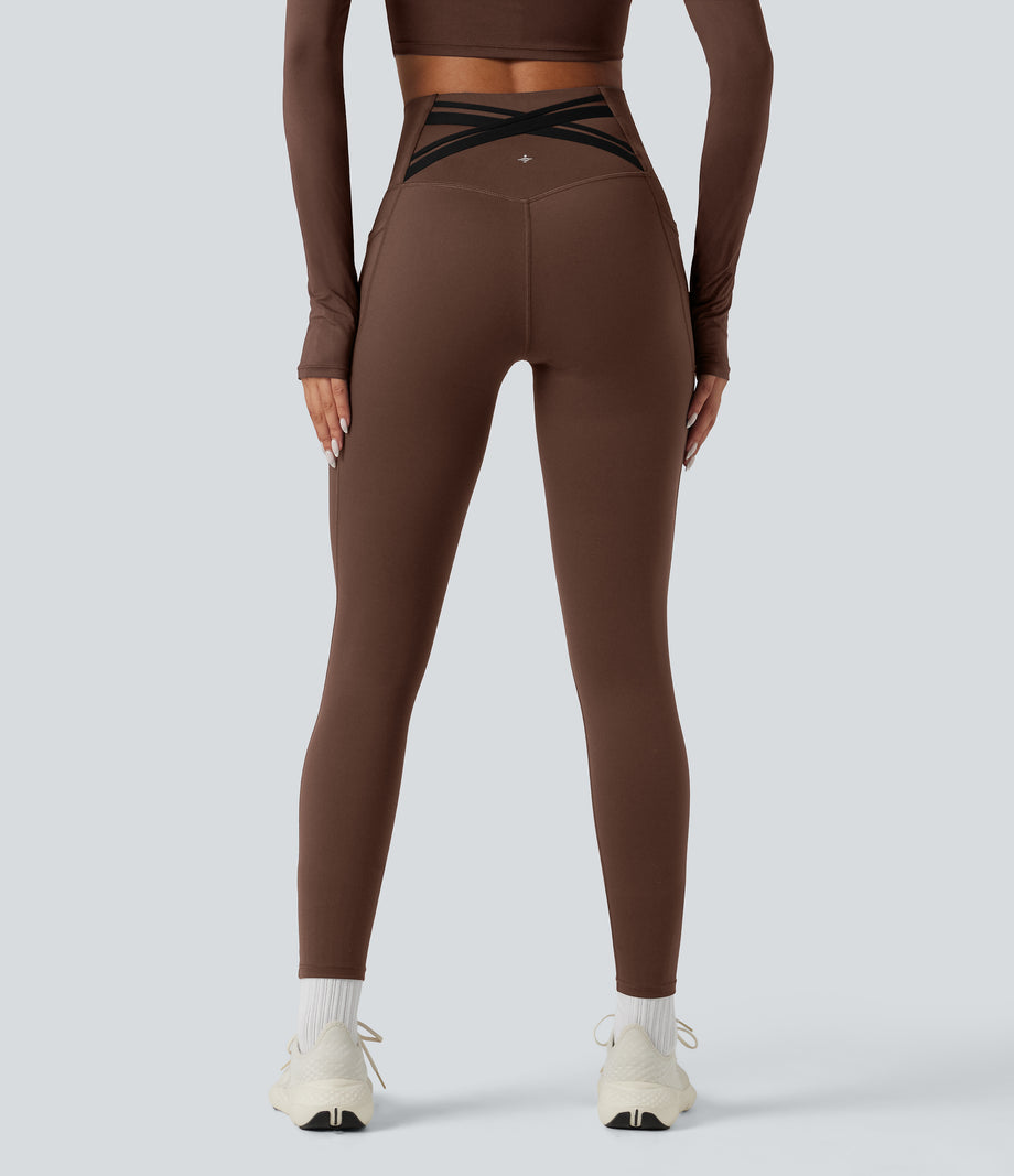 Halara Ultrasculpt™ Heat High Waisted Tummy Control Crossover Back Fleece Running Leggings with Pockets - Pinecone
