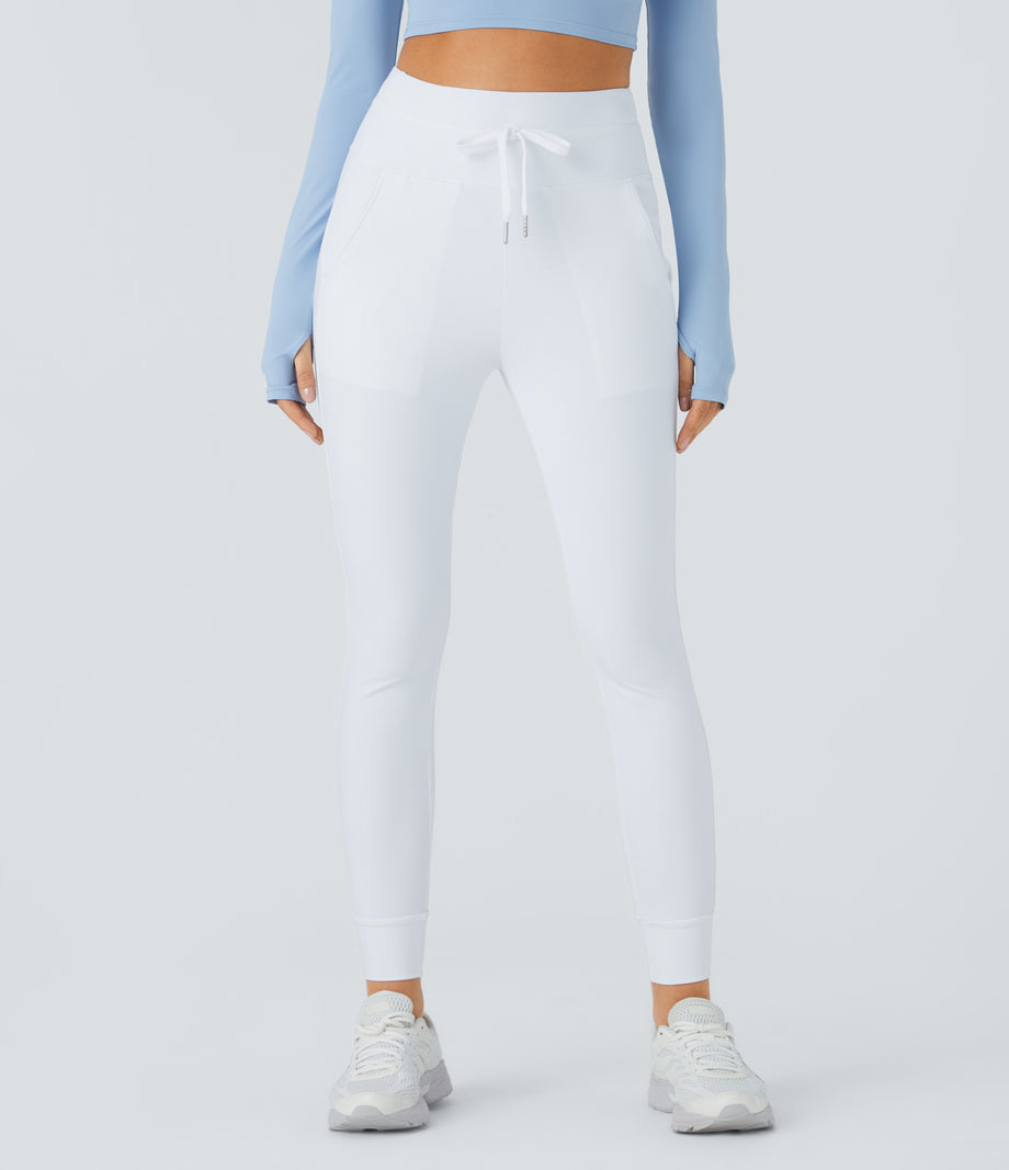 SoftlyZero™ Plush High Waisted Drawstring Pocket Plain Full Length Joggers - Frost White
