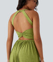 Twisted Backless Split Flowy Maxi Resort Dress with Pockets - Soft Meadow Green