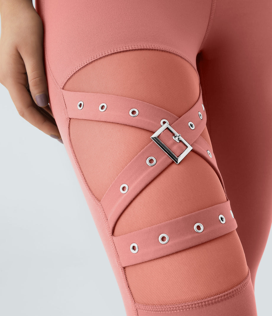 DayStretch High Waisted Crossover Contrast Mesh Decorative Buckle Yoga Leggings - Candy Pink