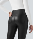 High Waisted Tummy Control Stretchy PU Fleece 7/8 Skinny Casual Leggings with Pockets - Black