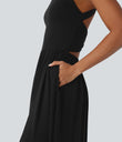 Twisted Backless Split Flowy Maxi Resort Dress with Pockets - Black