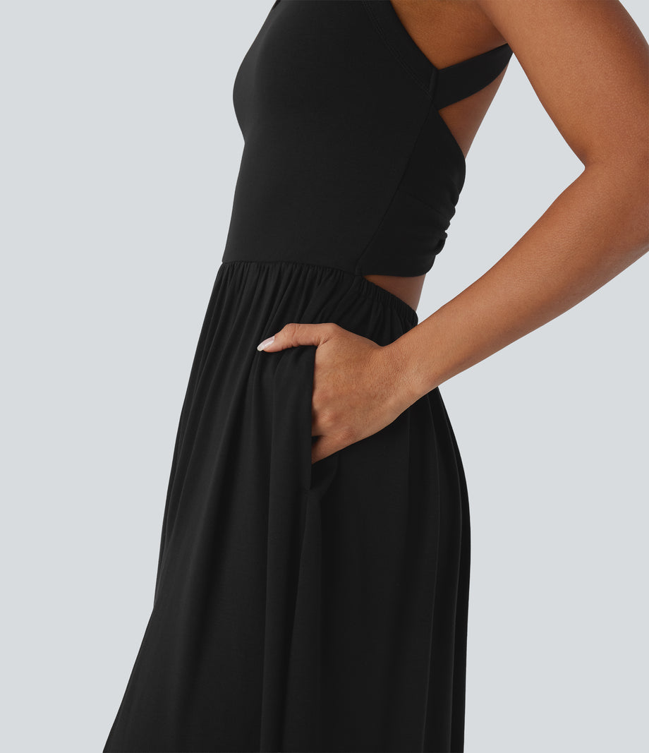 Twisted Backless Split Flowy Maxi Resort Dress with Pockets - Black