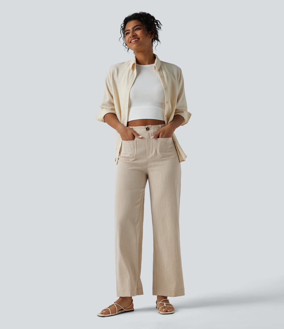 High Waisted Straight Leg Casual Linen-Feel Pants with Pockets - Dune Mirage