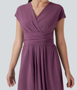 Breezeful™ V Neck Short Sleeve Pocket Tie Back Quick Dry Midi Casual Dress - Amaranth